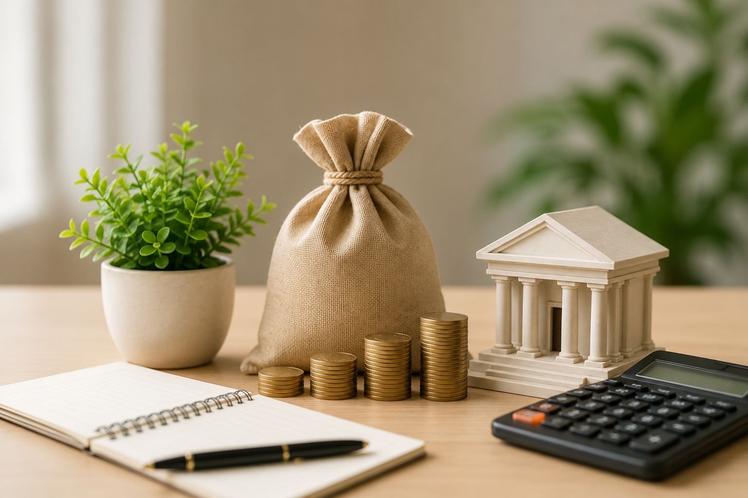 Business loan planning with calculator, savings and bank model